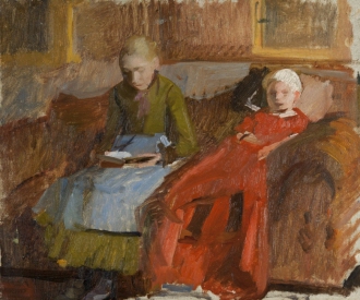 Interior with Mother and Child on Couch