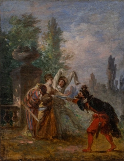 Scene in a park, with figures from the Commedia dell'Arte