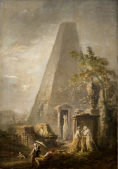 Landskap med pyramid och figurer