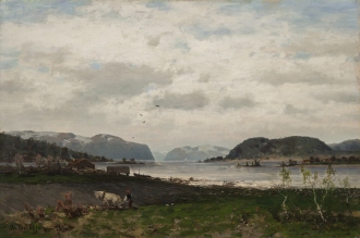 Norskt fjordlandskap med plöjande bonde