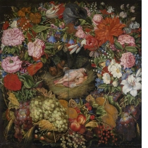 Krans av blommor och frukt med mittgrupp efter Rubens